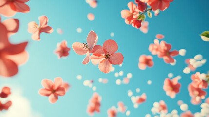 Floating Peach Blossoms Against a Clear Blue Sky: Springtime Serenity.