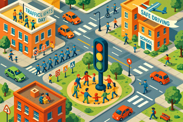 A cheerful urban scene with students, officers, and families celebrating safe traffic behavior..International Traffic Lights Day concept