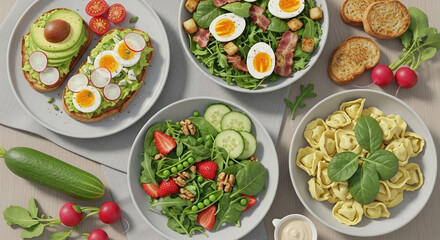 A top view of avocado toast, salads, and tortellini on a table with fresh vegetables around them