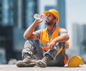 A worker quenches his thirst in the heat against the backdrop of skyscrapers
