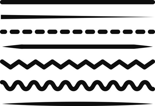 Set of vector lines with varying styles including solid, dashed, zigzag, and wavy patterns on a white background, ideal for design elements or graphic decoration.