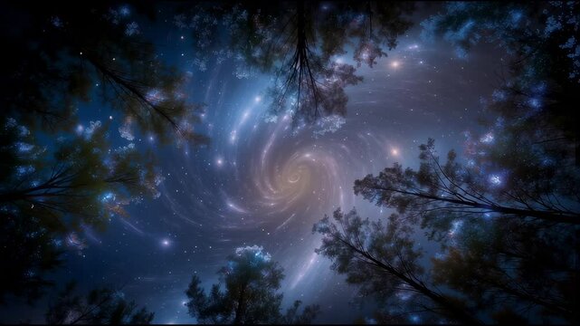 Mysterious blue galaxy is swirling in the night sky, seen through the branches of translucent trees, creating a magical and surreal atmosphere