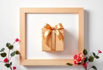 Luxurious gift box with ribbon, light maple frame, white background, gift box,  still life