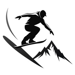 Dynamic Silhouette of a Skier Soaring Through the Air Above Majestic Mountains A Powerful Vector Illustration