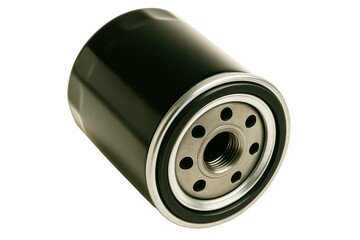 New black cylindrical car engine oil filter for maintenance on a transparent background