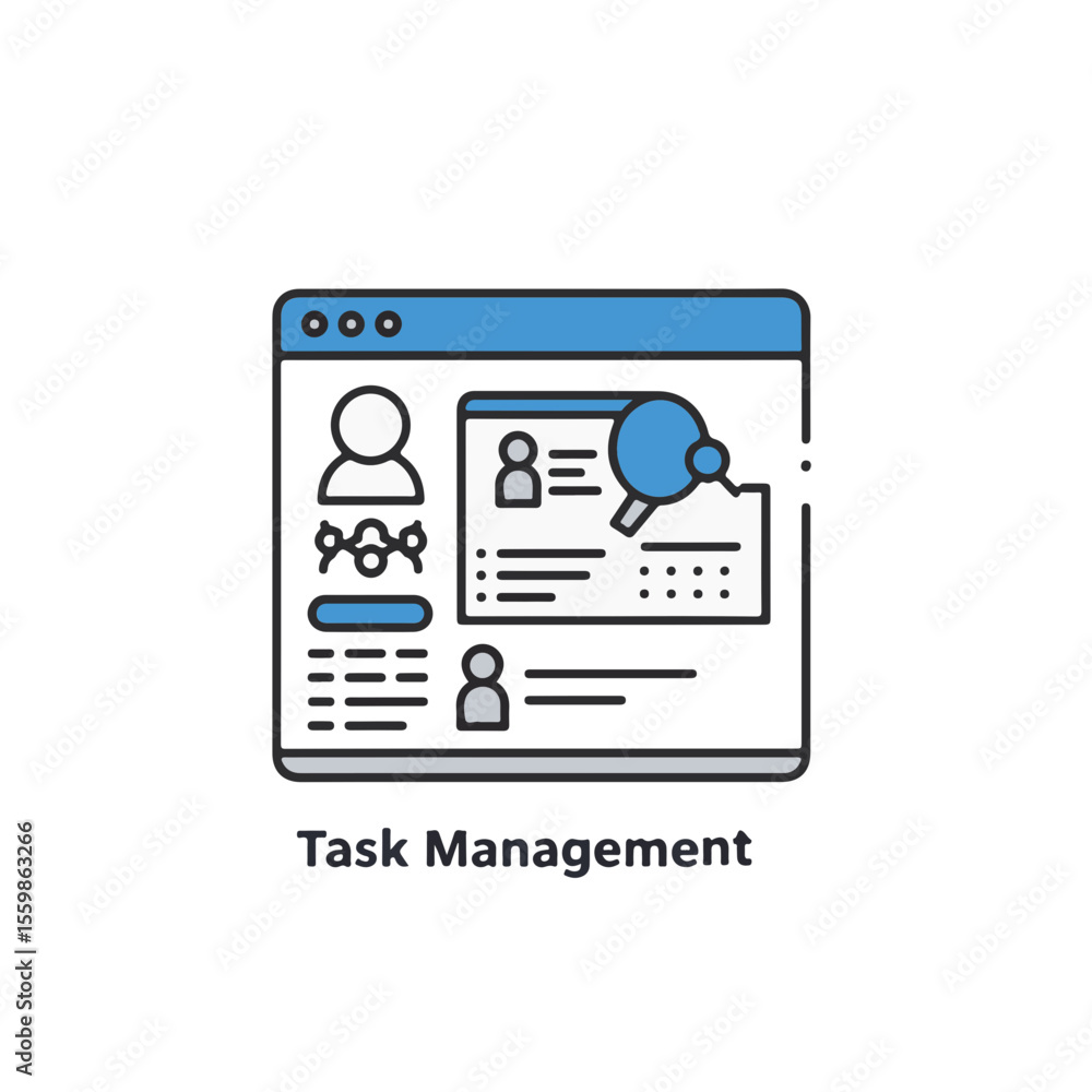 Poster task management interface with a magnifying glass and user profiles.