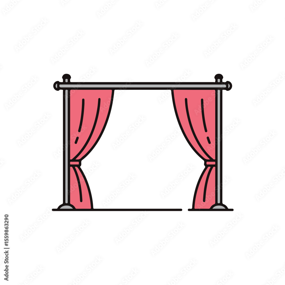 Poster a minimalistic illustration of a stage archway with pink curtains.