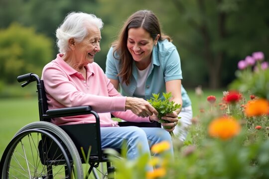 Elderly Woman in Wheelchair Receives Assistance from Caregiver While Gardening Outdoors