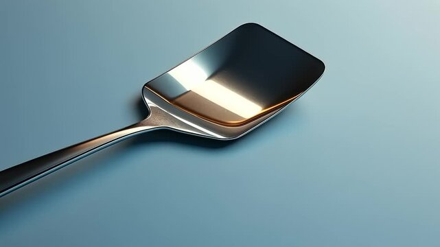 Close-up of a sleek, reflective serving spoon resting on a smooth blue surface, showcasing its shine