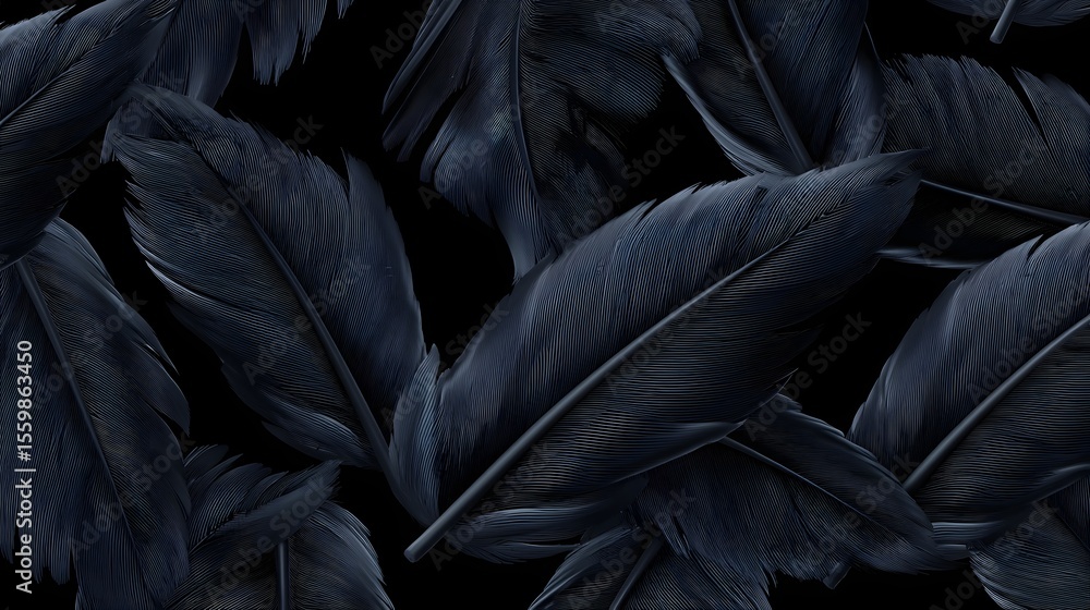 Poster overlapping black feathers with a soft, textured pattern