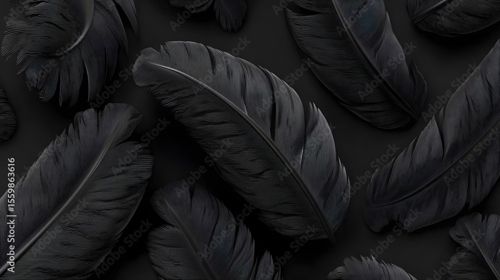 Poster elegant black feathers forming an abstract texture. long_title:a visually striking arrangement of so