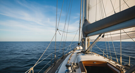 Fototapeta premium A sailboat glides across a tranquil blue ocean under a bright summer sky