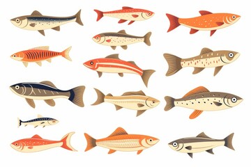Fototapeta premium Colorful salmon fish collection swimming in different directions, isolated on white background