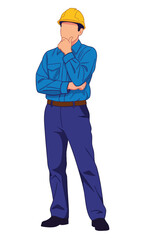 Male Engineer In Yellow Hard Hat Standing Thoughtfully With Crossed Arms