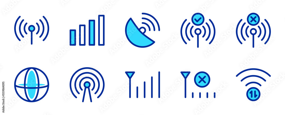 Poster wireless network antenna signal strength indicator and communication icon set internet connection te
