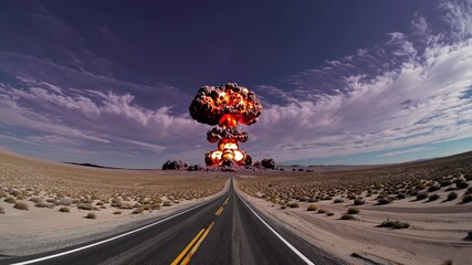 Nuclear explosion mushroom cloud rising over desolate desert highway, creating apocalyptic landscape with devastating atmospheric destruction and ominous environmental implications - Powered by Adobe
