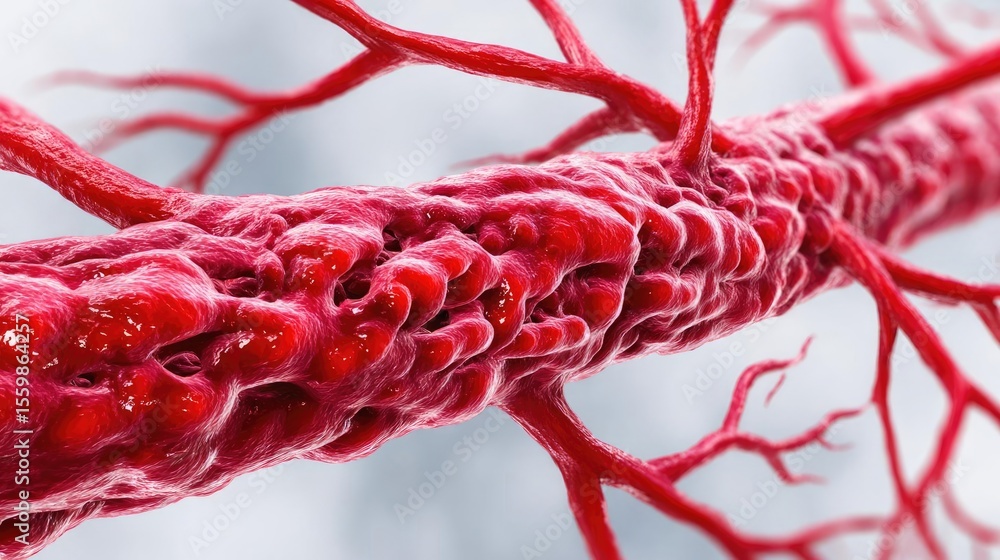 Poster cardiac output and plaque buildup with artery damage concept. detailed close-up of a red blood vesse