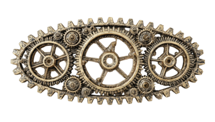 Close-up of intricately connected gears, various sizes, bronze/antique tone