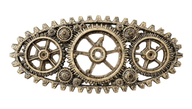 Close-up of intricately connected gears, various sizes, bronze/antique tone