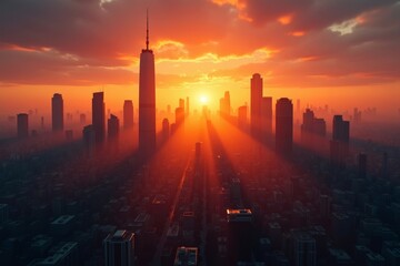 Futuristic Cityscape Silhouetted by Sunset: A Drone's Eye View of Urban Innovation