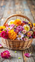 Fototapeta na wymiar Delicate petals of various colorful flowers arranged in a small wicker basket