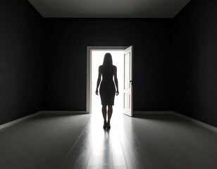 Fototapeta premium A figure stands in a dim room, with a faint light casting shadows