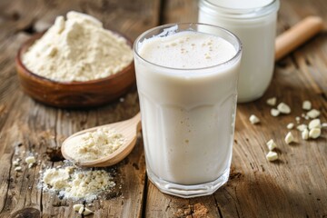 Glass of protein shake with ingredients on rustic wooden table promoting healthy lifestyle