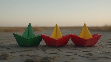 Three Colorful Origami Boats on Cracked Earth at Sunset: A Symbol of Hope and Resilience