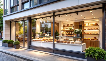 Modern bakery shop exterior with contemporary building facade and large window display
