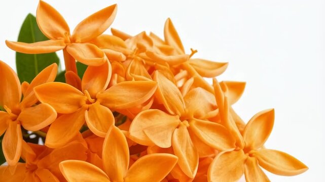 Cluster of vibrant orange ixora flowers arranged with lush green leaves on a clean white background showcasing petals and botanical details