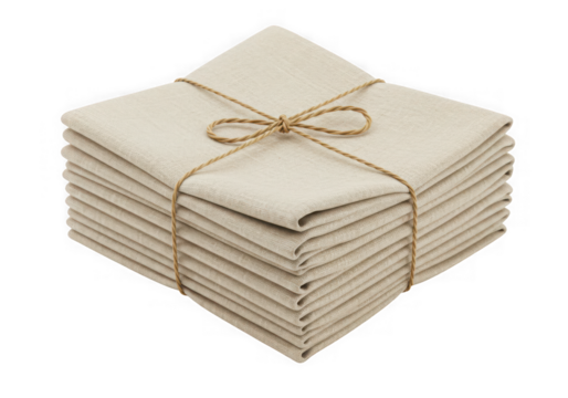 Stack of folded linen napkins tied with twine isolated on transparent background