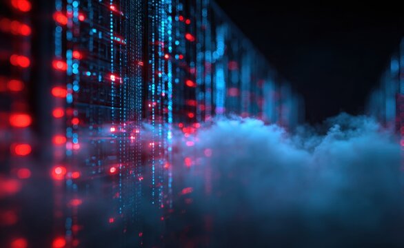 Futuristic digital data streams flow through a server room, illuminated in vibrant red and blue hues, creating a visually stunning technological