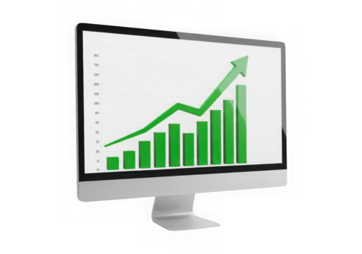 Computer displaying a positive growth chart with green bars and arrow isolated on transparent background