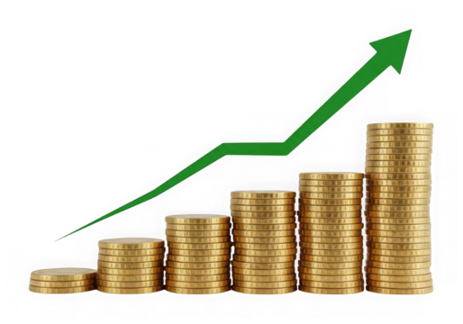 Growing stacks of gold coins with an upward trending green arrow isolated on transparent background