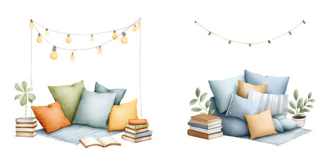Cozy Reading Nook Watercolor Illustration with Pillows and Fairy Lights