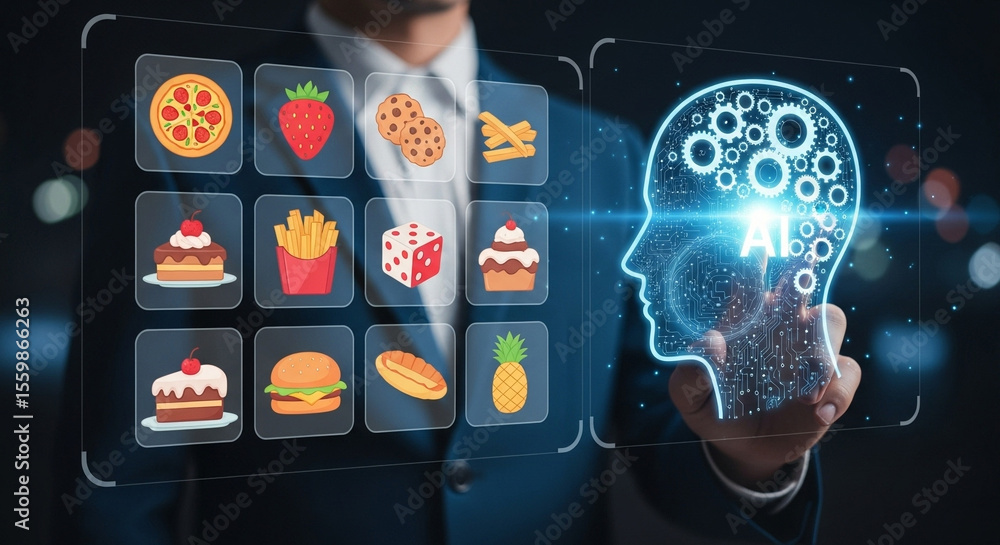 Fototapete A man interacting with an ai interface displaying food icons and a head outline with gears inside
