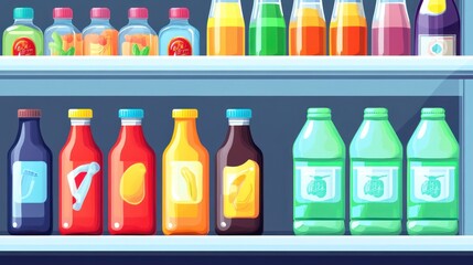 Colorful bottled drinks on shelves, supermarket refrigerator, diverse flavors, healthy options, food advertising