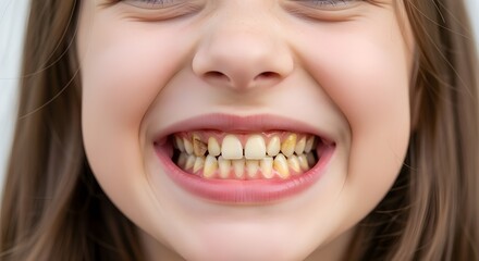 Young girl showing yellow and stained teeth