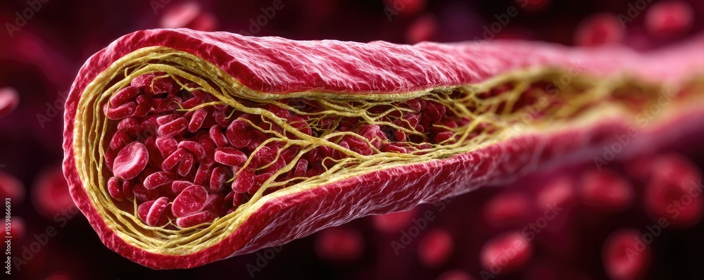 Poster cardiac output and plaque buildup with artery damage concept. close-up of a blood vessel showcasing 