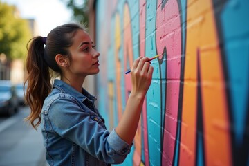 Female artist brings vibrant color to city walls with creative mural painting