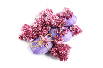 Soap bars and lilac flowers isolated white