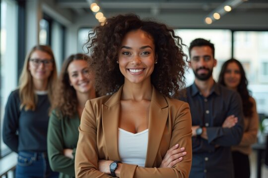 Empowering Group Portrait: Young Female Entrepreneur Leading a Diverse Team in a Modern Office Environment