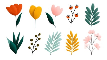 Vibrant botanical of various flowers and leaves