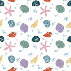 Seamless pattern featuring colorful sea elements such as starfish, sea shells, spiral shells. Stylish sea icons in pastel colors arranged on a clean white background. Perfect for summer, beach themed