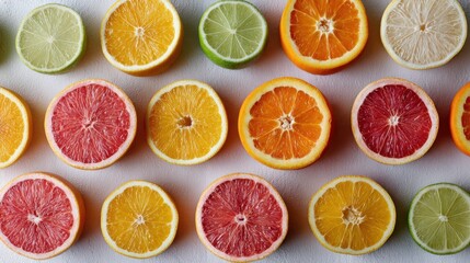 Obraz premium sliced citrus fruits aligned in grid pattern on neutral surface, vibrant contrast, modern stock photography aesthetic