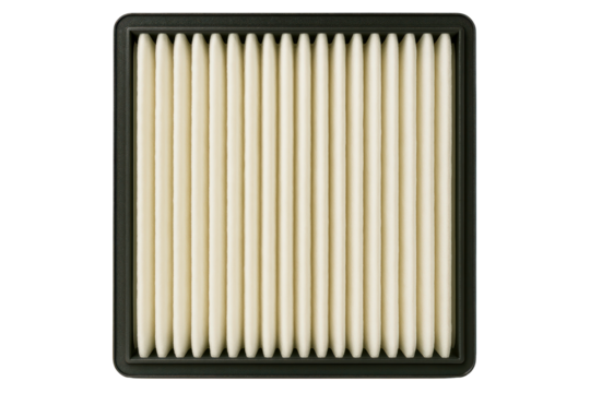 New rectangular engine air filter with clean pleated paper on a transparent background