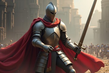 A Gallant Knight in Shining Armor Wielding Sword in Majestic Fantasy Realm