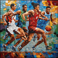 Wet-on-Dry Mosaic Art Sports Scene: Dynamic Athletes in Motion
