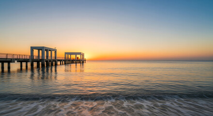Fototapeta premium A modern pier extends into a calm ocean at sunrise, bathed in golden light