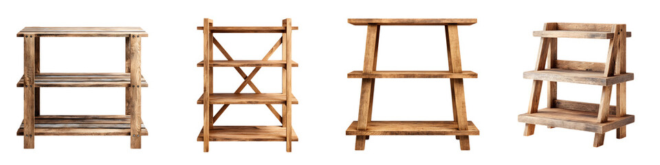 Rustic Wooden Display Shelves Collection Isolated on White